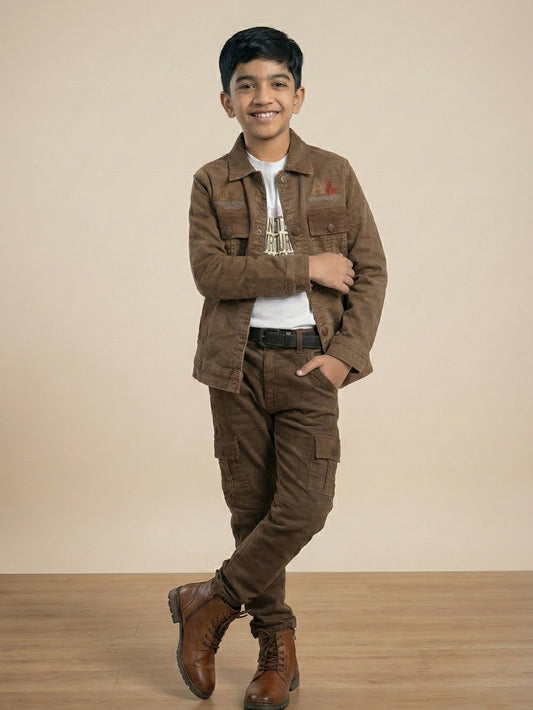 3-Pc Brown Corduroy Denim Pants Set
