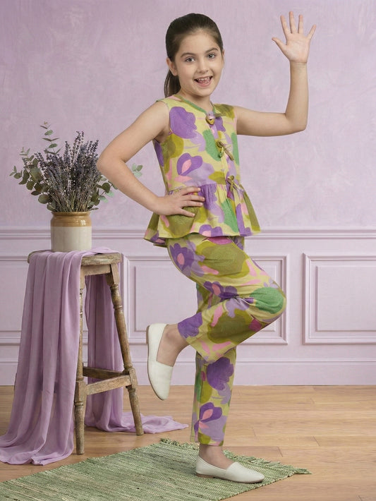 Combo Girls Yellow and Blue Printed Co-ord Set