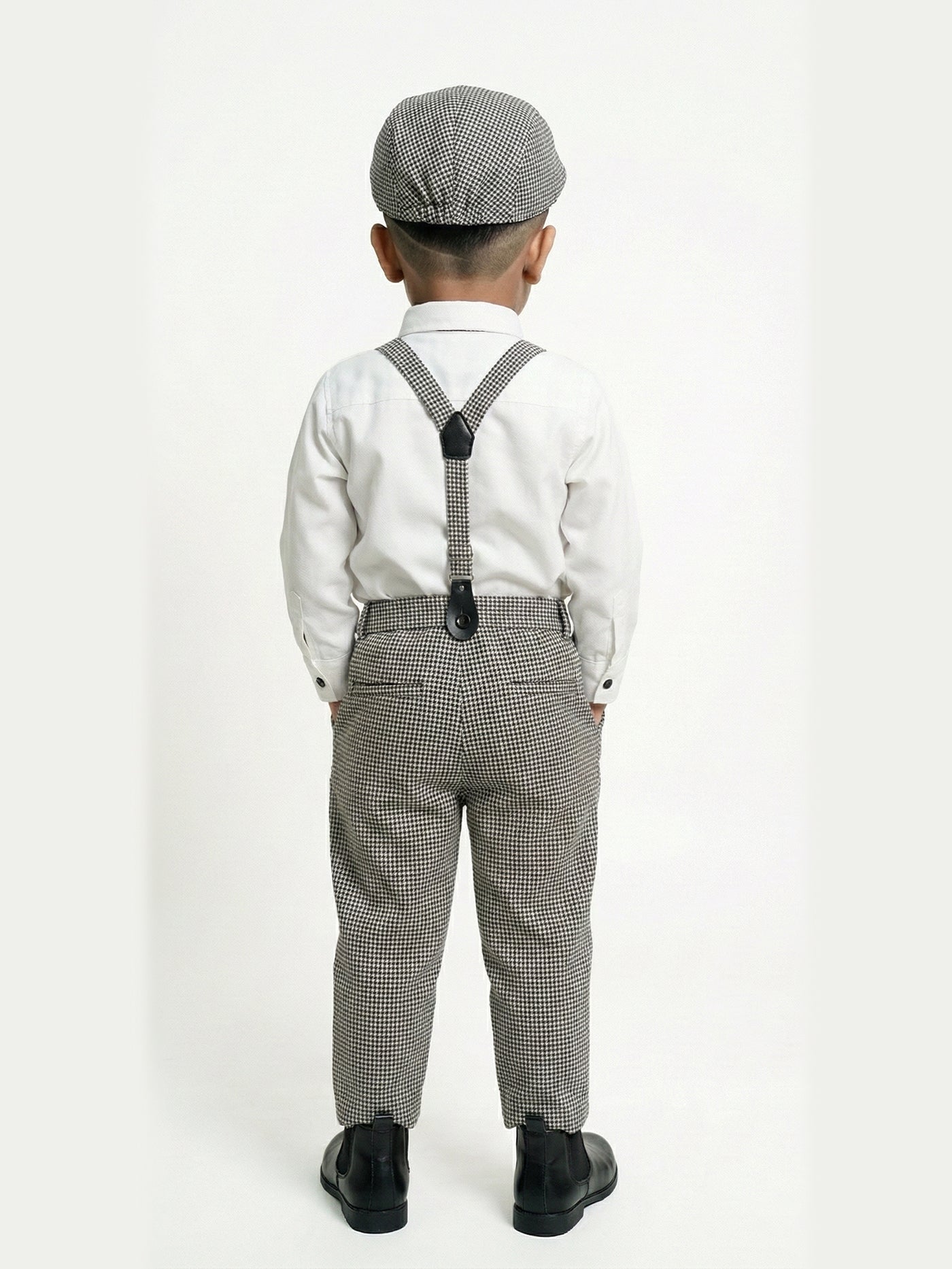 2-Pc Check Suspender Bow Tie Pants Set