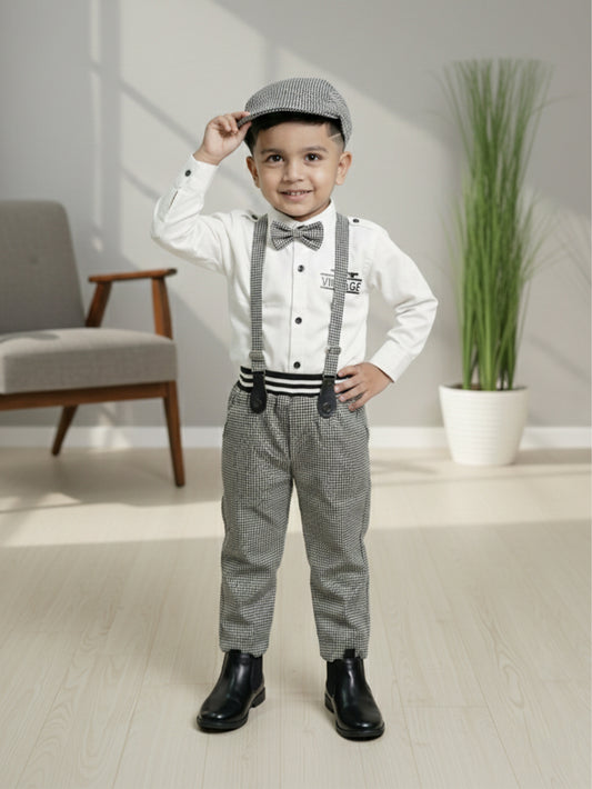 2-Pc Check Suspender Bow Tie Pants Set