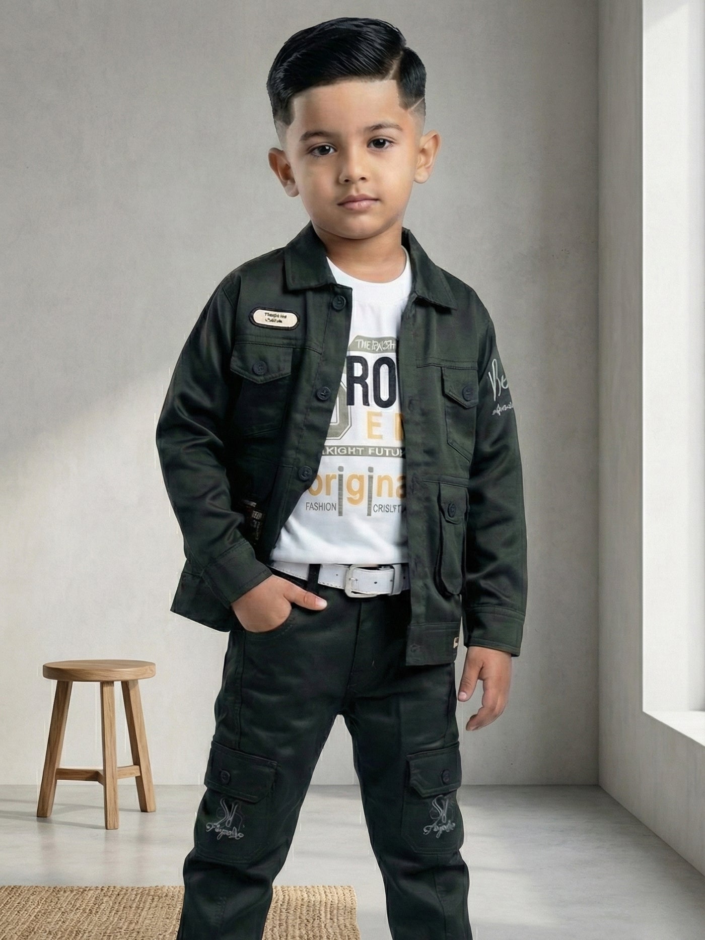 3-Pc Denim Green Jacket Pants Set