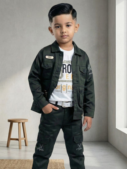 3-Pc Denim Green Jacket Pants Set