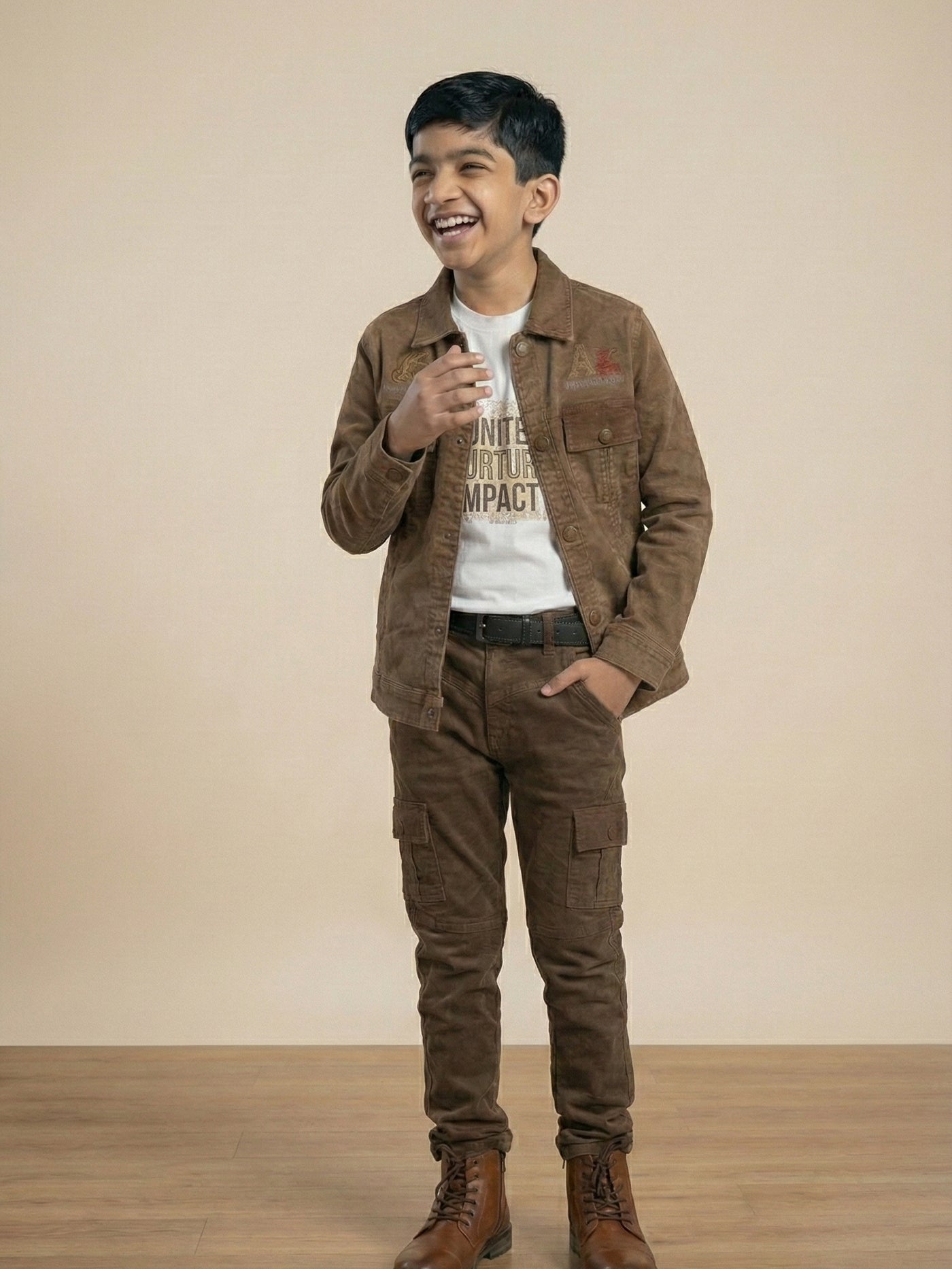 3-Pc Brown Corduroy Denim Pants Set