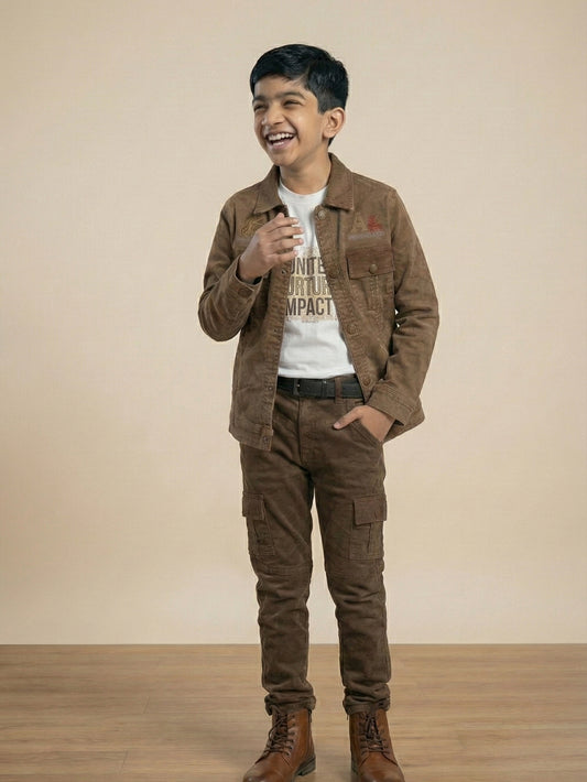 3-Pc Brown Corduroy Denim Pants Set