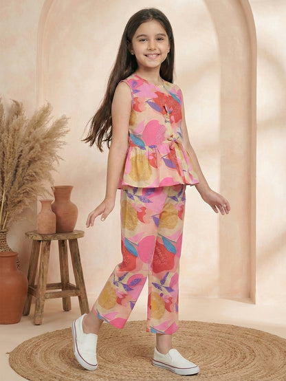 Combo Girls Red and Yellow Printed Co-ord Set