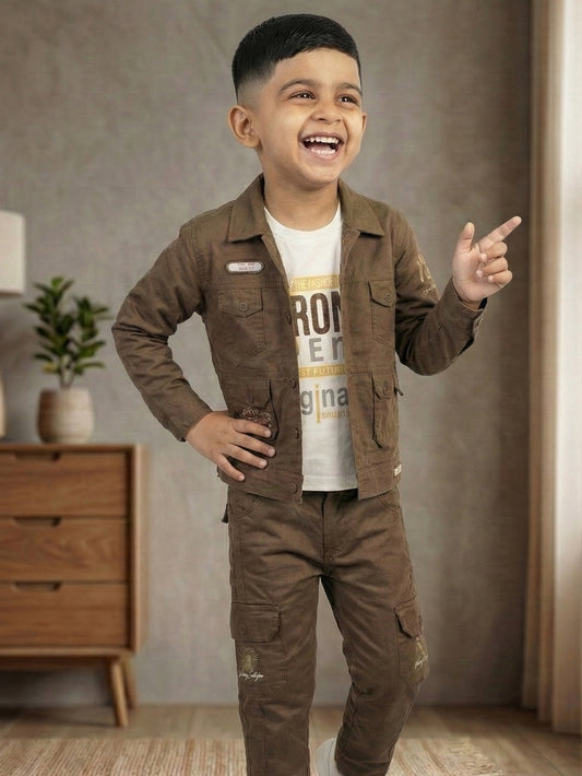 3-Pc Denim Brown Jacket Pants Set