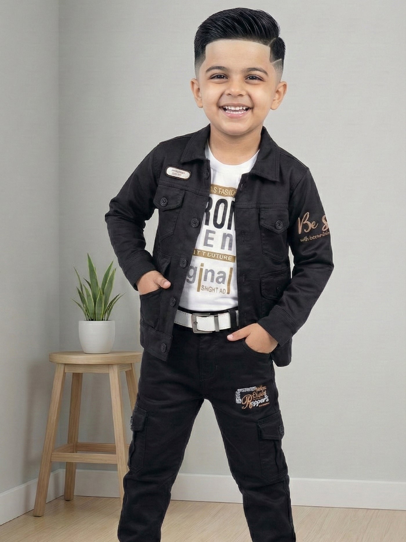 3-Pc Denim Black Jacket Pants Set