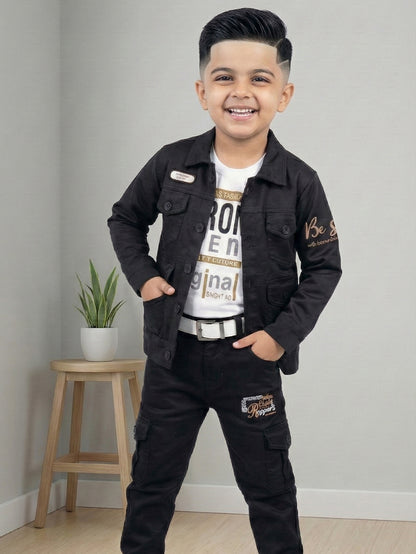 3-Pc Denim Black Jacket Pants Set