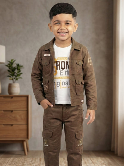 3-Pc Denim Brown Jacket Pants Set