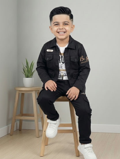 3-Pc Denim Black Jacket Pants Set