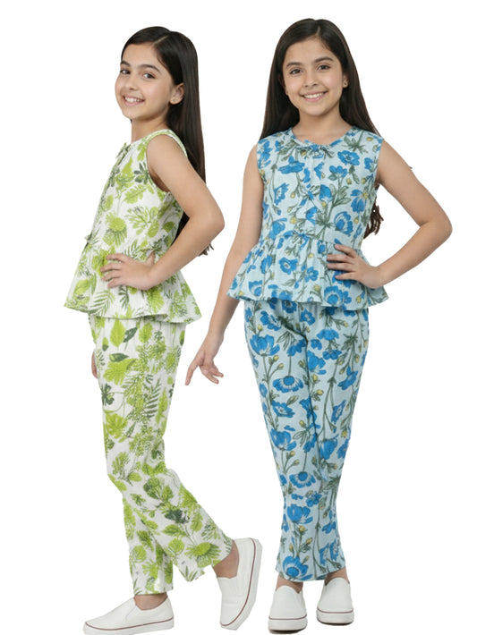 Combo Girls Green and Blue Printed Co-ord Set