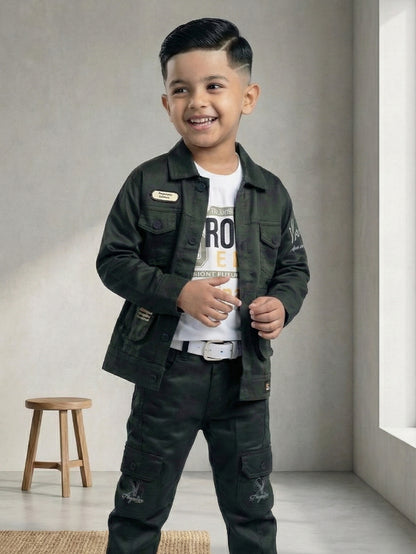 3-Pc Denim Green Jacket Pants Set