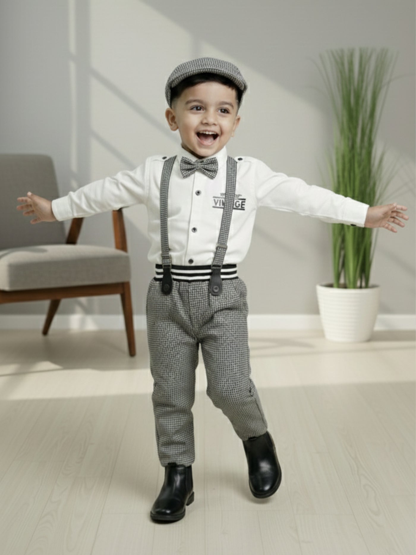 2-Pc Check Suspender Bow Tie Pants Set