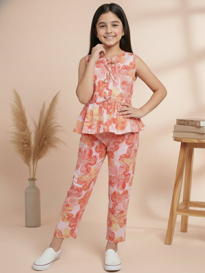 Girls Red Printed Co-ord Se
