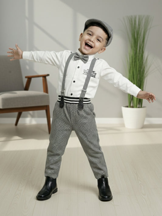 2-Pc Check Suspender Bow Tie Pants Set