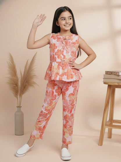 Girls Red Printed Co-ord Se