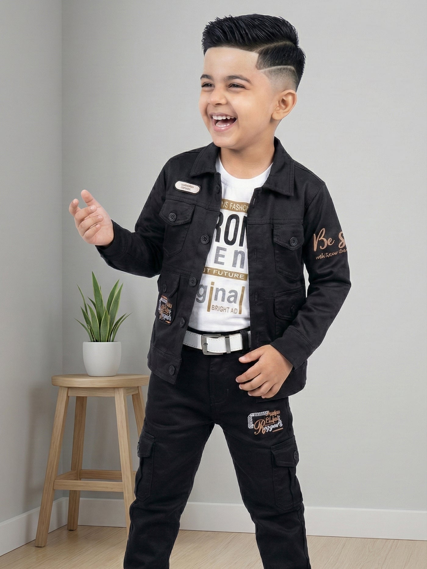 3-Pc Denim Black Jacket Pants Set