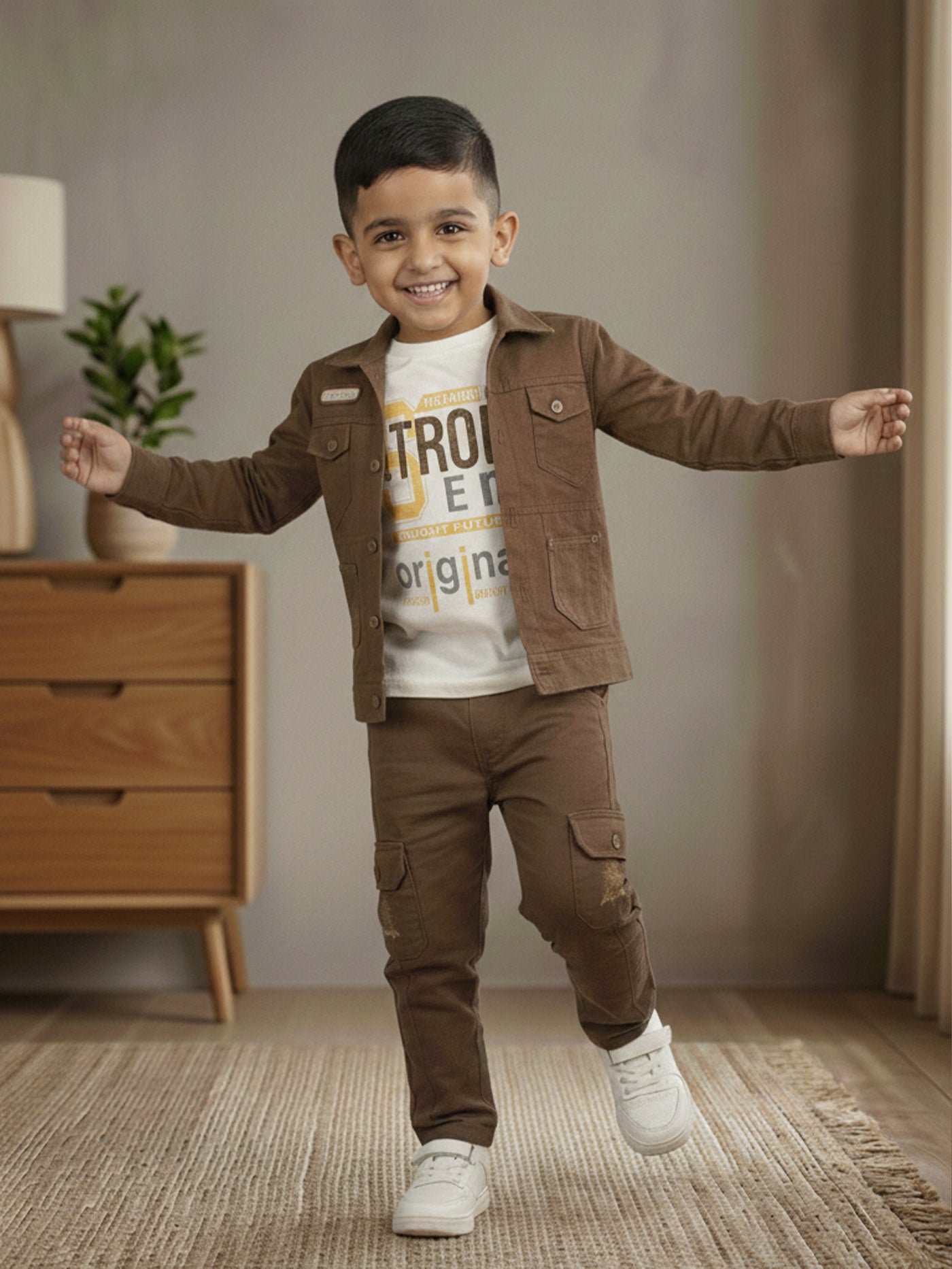 3-Pc Denim Brown Jacket Pants Set