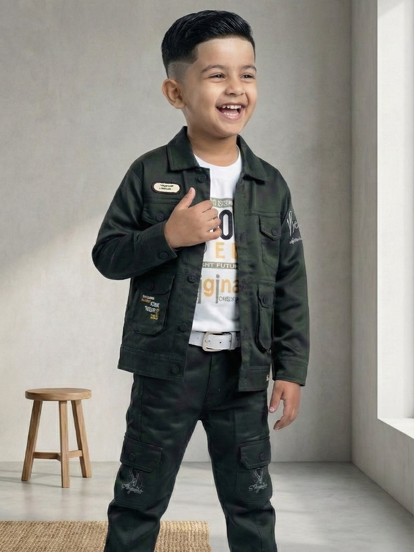 3-Pc Denim Green Jacket Pants Set