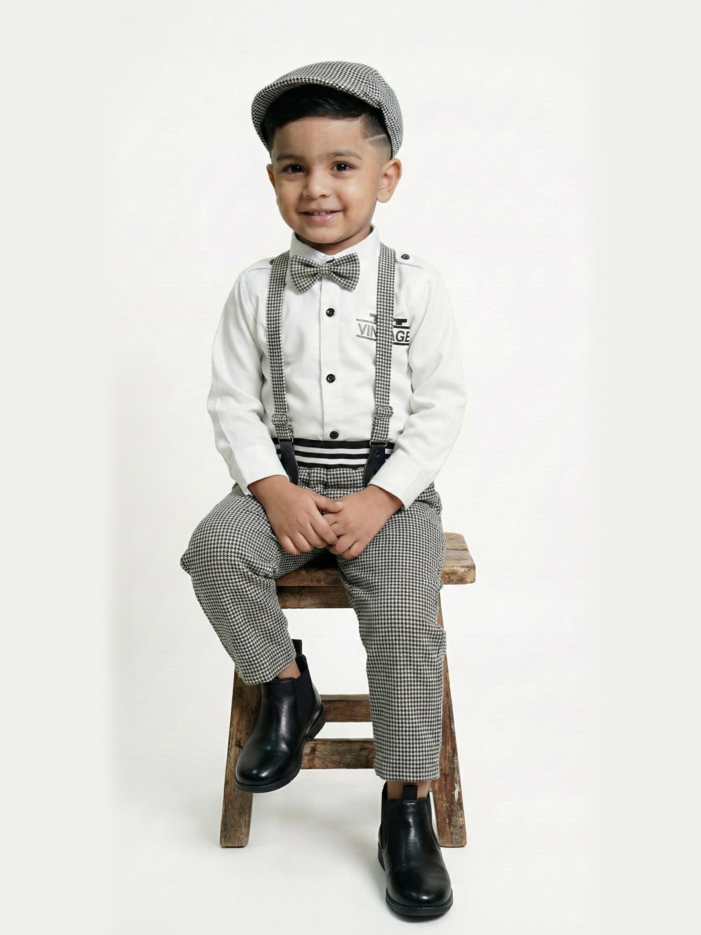 2-Pc Check Suspender Bow Tie Pants Set