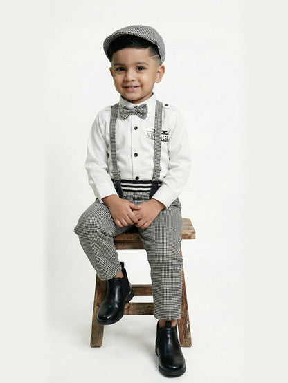 2-Pc Check Suspender Bow Tie Pants Set