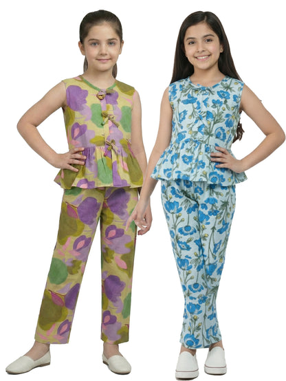 Combo Girls Yellow and Blue Printed Co-ord Set