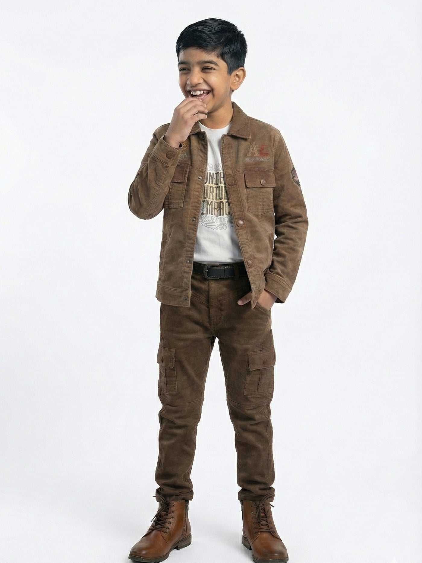 3-Pc Brown Corduroy Denim Pants Set