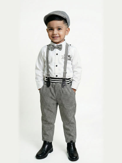 2-Pc Check Suspender Bow Tie Pants Set