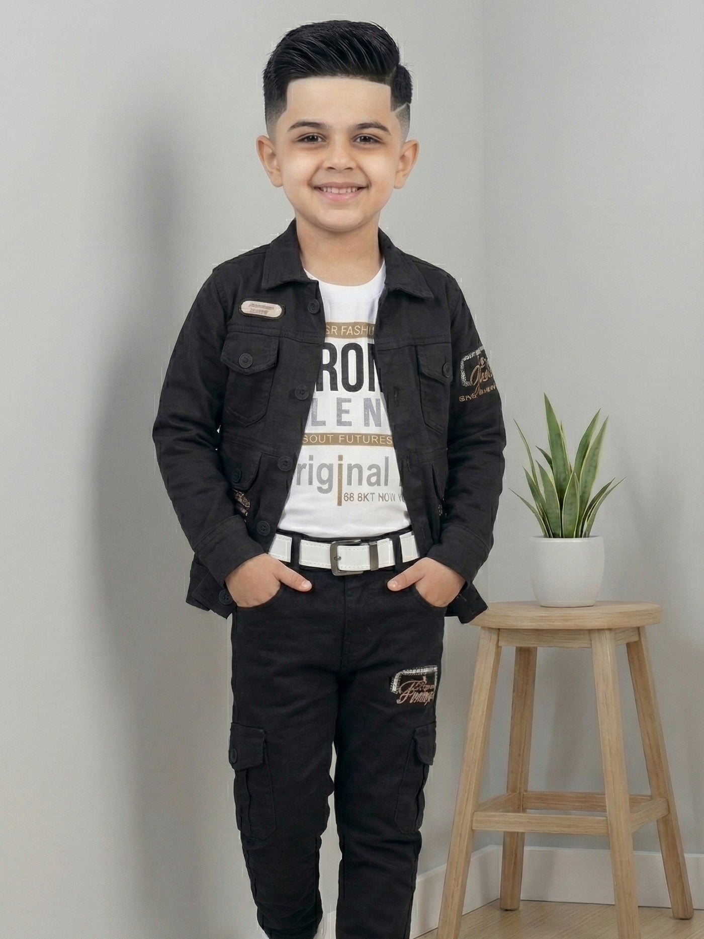 3-Pc Denim Black Jacket Pants Set