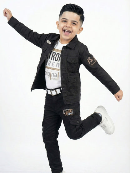 3-Pc Denim Black Jacket Pants Set