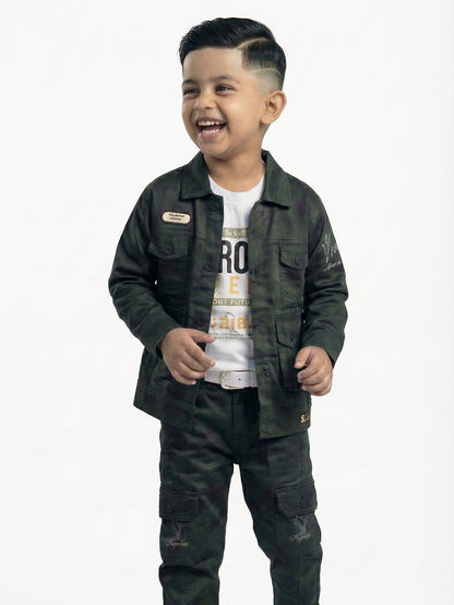 3-Pc Denim Green Jacket Pants Set