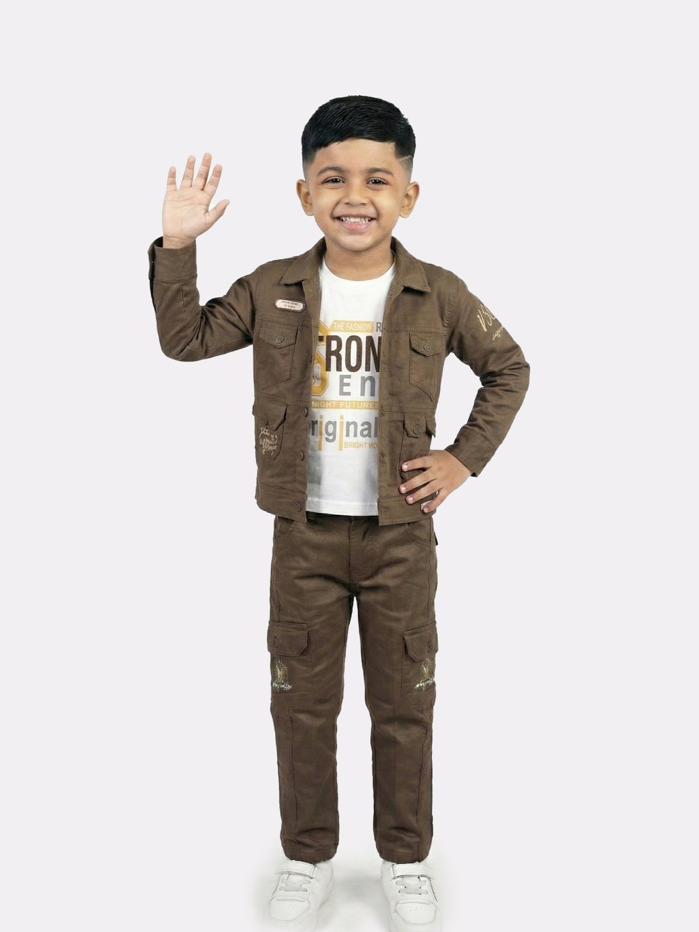 3-Pc Denim Brown Jacket Pants Set